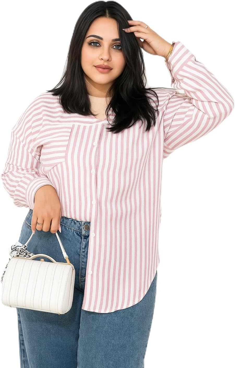 71yLXYv3CpL._AC_SL1500_.jpg شيميز أو بلوزه كتان مخطط بمقاس فضفاض للنساء