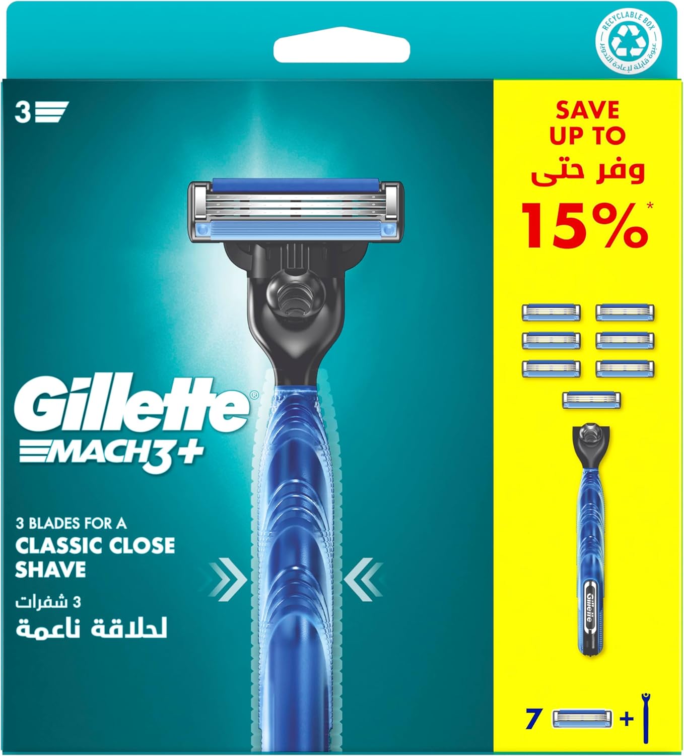 81wB1vzZFmL._AC_SL1500_.jpg مقبض ماكينة حلاقة ماش 3 مع 7 شفرات للرجال من جيليت - قابلة لإعادة التعبئة - عبوة العرض الخاص