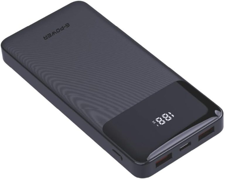 باور بانك من جي-باور سعة 10000 مللي أمبير بتقنية ليثيوم بوليمر ومنافذ USB و تايب-C مع شاشة LED وشحن سريع للهواتف و التابلت، أسود