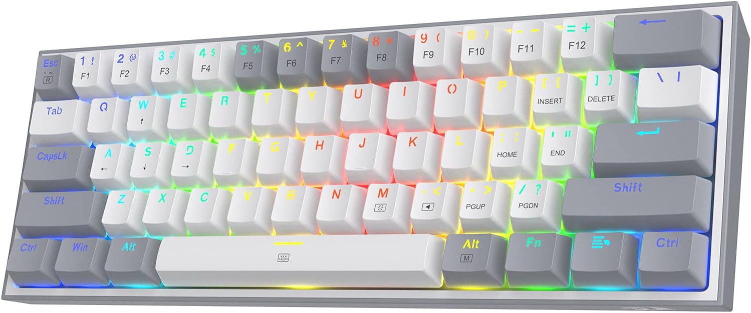 610P9MPegbL._AC_SL1500_.jpg كيبورد فيز بسلك 60% للالعاب باضائة ملونة RGB K617 من ريدراجون ، ميكانيكال مدمجة بـ61 مفتاح واغطية مفاتيح بيضاء ورمادية احمر خطي يدعم مشغل برنامج برو USB - C
