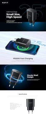 شاحن UC25 عالي السرعة 25 واط USB-C لسامسونج من هافيت، متعدد المنافذ، تقنية جان، حماية من الجهد الزائد ودرجة الحرارة، ضمان لمدة عام - الصورة 9