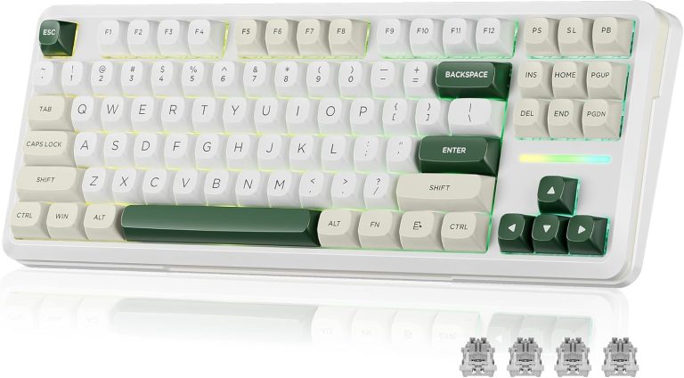 لوحة مفاتيح ميكانيكية K734WCG-RGB-PRO، 81 مفتاح من ريدراجون، إضاءة خلفية ار جي بي، وضع ثلاثي، أبيض مع لمسات خضراء