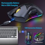 ⁦ماوس ألعاب لاسلكي 2.4GHz بتصميم خلية نحل خفيف الوزن، ماوس كمبيوتر بإضاءة خلفية ار جي بي قابلة لإعادة الشحن مع مستقبل USB وسرعة نقطة لكل بوصة قابلة للتعديل، للكمبيوتر الشخصي وماك واللاب توب من هيتويتف⁩ - الصورة ⁦2⁩